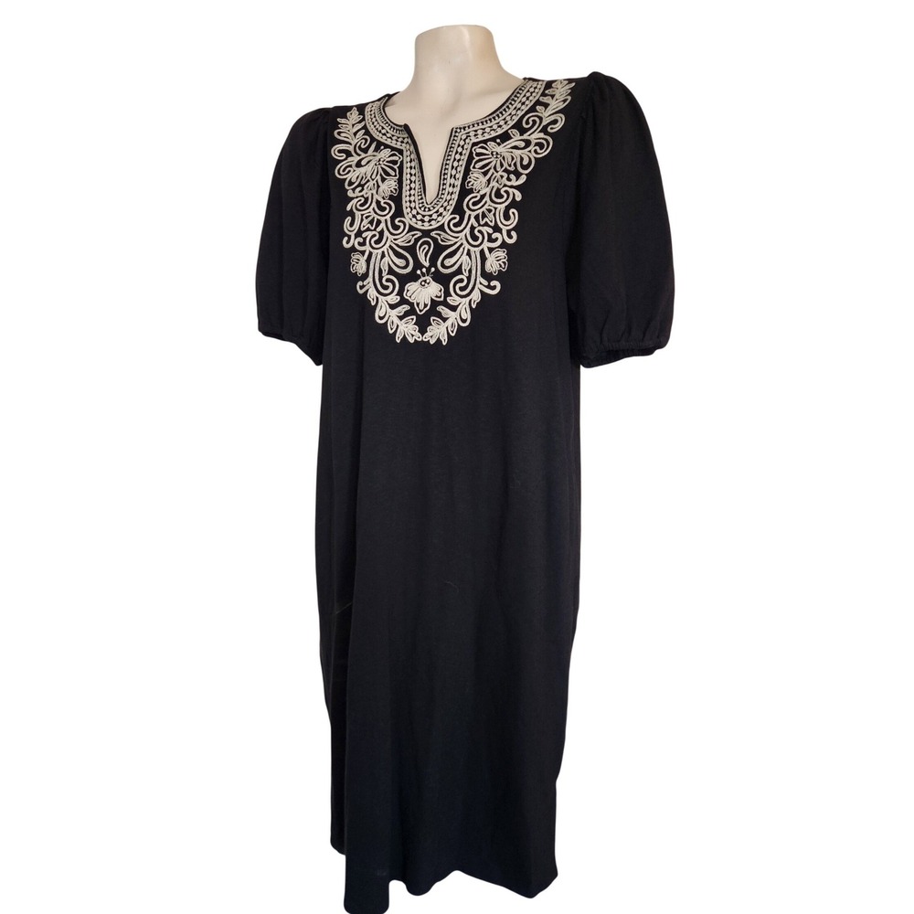 J JILL Black Embroidered Split Neck Puff Sleeve Midi Dress with Pockets Size‎ S